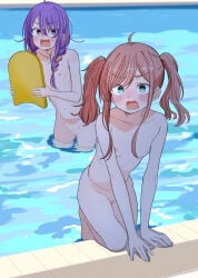 2girls absurdres ahoge blush braid cleft_of_venus commentary_request completely_nude embarrassed female_pubic_hair flat_chest hair_over_shoulder highres holding iroha_nanairo_(urushiushiru) long_hair long_sidelocks looking_at_viewer michimori_karen_(urushiushiru) multicolored_hair multiple_girls navel nipples nude open_mouth original paddleboard pink_eyes pink_hair pink_streaks pool pubic_hair purple_hair pussy sidelocks sparse_pubic_hair stomach streaked_hair twin_braids twintails uncensored urushiushiru v-shaped_eyebrows variant_set wading water