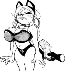 1girls 2018 2d_(artwork) beauty_mark_on_breasts big_breasts bra cat_headband cleavage collar earrings female floating_hand headband headwear line_art mangneto money navel neckwear nervous panties prostitution squinted_eyes sweating underwear