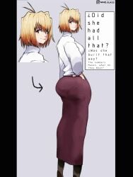 1girl antenna_hair arcueid_brunestud arrow_(symbol) ass ass_focus black_border blonde_hair blush border breasts brown_pantyhose english_text from_behind full_body grey_background hair_between_eyes hand_on_own_hip high_heels highres huge_ass long_skirt looking_at_viewer looking_back medium_breasts nameglass panties_visible_through_clothes pantyhose purple_skirt red_eyes sideboob single_hair_intake skirt smile solo standing sweater tsukihime turning_head turtleneck turtleneck_sweater white_sweater