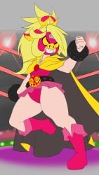 1girls belt blonde_hair boots boss_fight cape ecchitrail leotard light-skinned_female light_skin lights long_hair luchador luchador_mask mario_(series) mario_and_luigi:_bowser's_inside_story mario_and_luigi_(series) mask masked_female midbus pig_girl pig_mask pig_nose pink_clothing ponytail rule_63 shortstack smirk solo species_transformation super_crown thick_thighs villainess wapeach wrestling wrestling_outfit wrestling_ring