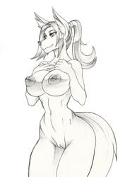 anthro autumm_airwave big_breasts breasts canine clitoris female mammal monochrome nipples nude pussy smile solo standing wide_hips