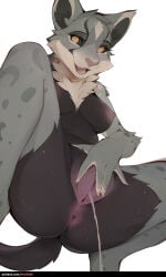 1girl animal_ears anus breasts furry looking_at_viewer open_mouth peeing pussy short_hair snout solo spread_legs spread_pussy sweat tail tongue tongue_out