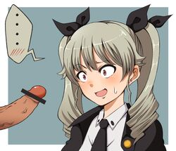 1boy anchovy blush censored drill_hair female girls_und_panzer green_hair hair_ornament male open_mouth penis red_eyes ribbon sweat