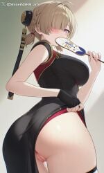 1girls ai_generated ass ass_focus brown_hair looking_at_viewer purple_eyes pussy pussy_juice shineinsfw solo standing sweety_(zenless_zone_zero) uncensored zenless_zone_zero