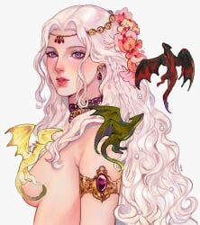 1girls 2020s 2026 2d 2d_(artwork) a_song_of_ice_and_fire armband armlet artist_request blush breasts bright_pupils bust choker curly_hair daenerys_targaryen digital_art digital_painting_(artwork) dragon dragons drogon earrings female flower flower_in_hair forehead_jewelry game_of_thrones gemstone hair_ornament head_jewelry house_targaryen jewelry light_skin lipstick long_hair looking_at_viewer medium_breasts necklace parted_lips pink_flower pink_lipstick portrait purple_eyes red_nose rhaegal sideboob silver_hair soft_smile solo upper_body valyrian very_long_hair viserion wavy_hair white_hair