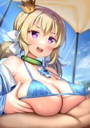 1boy 1girl bare_shoulders beach_umbrella bikini blonde_hair blue_bikini blue_jacket blue_sky blush bow breasts breasts_squeezed_together cedar_(cedar_japonica) choker cleavage clothed_female_nude_male cloud collarbone commentary commission covered_nipples crown day green_choker hair_bow hair_ribbon hetero jacket kafuru_(senran_kagura) large_breasts long_hair low_twintails micro_bikini mini_crown nude off_shoulder open_clothes open_jacket open_mouth oppai_loli outdoors paid_reward_available paizuri paizuri_under_clothes parasol penis purple_eyes ribbon senran_kagura skeb_commission sky smile solo_focus swimsuit teeth twintails umbrella upper_teeth_only whistle whistle_around_neck white_bow