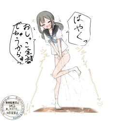 1girl bare_legs black_sailor_collar blush closed_eyes commentary_request dot_nose double-parted_bangs full_body grey_hair grey_neckerchief highres leg_up long_hair low_twintails neckerchief no_pants no_shoes open_mouth original panties pee peeing peeing_self raised_inner_eyebrows sailor_collar sailor_shirt school_uniform shirt short_sleeves simple_background socks solo sound_effects speech_bubble standing standing_on_one_leg translation_request twintails underwear white_background white_panties white_shirt white_socks zagashira