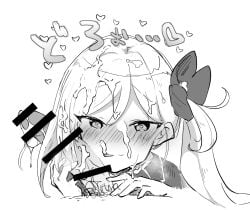 1boy 1girls blue_archive blush cum cum_on_face female gehenna_academy_student heart-shaped_pupils ki_no_nekko male mutsuki_(blue_archive) penis penis_against_face