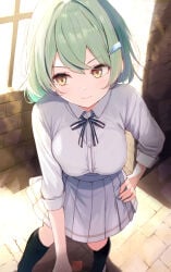 1boy 1girl averting_eyes black_ribbon black_socks breasts brick_wall censored closed_mouth collared_shirt commentary_request contrapposto double-parted_bangs expressionless fingernails foreshortening from_above green_hair hair_ornament hairclip hand_on_own_hip handjob highres kneehighs komone_ushio large_breasts mosaic_censoring neck_ribbon original out_of_frame penis pleated_skirt pov ribbon shirt short_hair skirt socks solo_focus standing stella_(komone_ushio) striped_ribbon three-quarter_sleeves white_shirt white_skirt window yellow_eyes