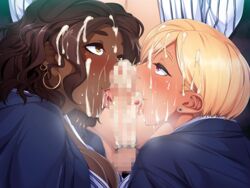 1boy 2girls after_fellatio black_hair blonde_hair blush breasts brown_skin censored cleavage collaborative_fellatio cum cum_in_mouth cum_on_hair dark-skinned_female dark_skin earrings erection facial fellatio game_cg half-closed_eyes heavy_breathing highres hoop_earrings huge_breasts interracial japanese_clothes koda_diana licking lips looking_up mosaic_censoring multiple_girls nasu_trisha oh_yes!_kasshoku_bitch_hitozuma_no_seiyoku_kaishou:_kondo_wa_umi_de_sex_lesson!? oohara_kyuutarou open_mouth oral pale-skinned_male pale_skin penis pink_eyes shiny shiny_hair short_hair standing teamwork thick_eyebrows thick_lips tongue unseen_male_face yellow_eyes