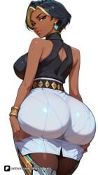 1girl ai_generated artist_name ass bare_shoulders belt black_hair blizzard_entertainment blonde_hair bracelet breasts brown_eyes clothing_cutout dark-skinned_female dark_skin domina earrings from_behind huge_ass jewelry large_breasts lips looking_at_viewer looking_back mole mole_under_mouth multicolored_hair overwatch overwatch_2 pantylines patreon senpai_pixels sensitive shirt short_hair simple_background sleeveless sleeveless_shirt solo thighhighs thighs two-tone_hair white_background