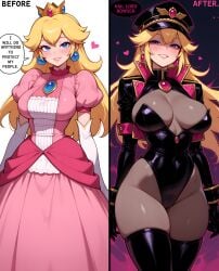 1girls ai_generated before_and_after blonde_hair blue_eyes blush breasts cleavage corrupted corruption crown elbow_gloves english_text gloves hair_between_eyes heart large_breasts leotard long_hair looking_at_viewer mario_(series) notreallyhere parted_lips peaked_cap pink_dress princess_peach puffy_sleeves sidelocks simple_background smile speech_bubble standing text thighhighs