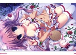 breasts breasts_out cameltoe dress flat_chest highres lying lying_on_back midori_no_umi nipples no_bra open_shirt panties pantsu shimapan small_breasts thighhighs tied_hair twintails yukie