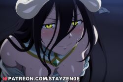 1girl ai ai_art ai_generated albedo_(overlord) anime_coloring bare_shoulders black_hair blush breasts demon_girl demon_horns detached_collar dress dress_pull hair_between_eyes horns long_hair looking_at_viewer medium_breasts nipples off_shoulder overlord slit_pupils smile solo sweat white_dress yellow_eyes