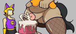 1girl1futa 2girls black_fur blonde_hair blox_cards briggeybruh caitlin_nixon cosplay cumming cumming_on_cake fat fat_belly fishnets fl00fy_bonez futanari raising_skirt roblox roblox_game shocked shocked_expression tagme