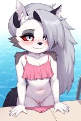 ai_generated anthro bikini bottomless female grey_body grey_hair hellhound helluva_boss loona_(helluva_boss) pool pussy red_sclera young