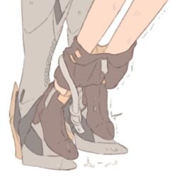 2girls armor artist_name belt black_boots black_skirt boots feet_only footwear_focus full_armor grey_armor grey_belt hanging_legs high_heels honkai:_star_rail honkai_(series) implied_sex korshokor lifting_person mecha multiple_girls power_armor robot sam_(honkai:_star_rail) sex sex_from_behind simple_background skirt standing stelle_(honkai:_star_rail) trailblazer_(honkai:_star_rail) trembling two-sided_fabric two-sided_skirt white_background yellow_skirt yuri