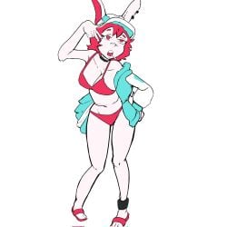 1girl aqua_hat artist_request bandaid bandaid_on_face bikini bunny_ears bunny_girl bunny_teeth choker earrings female female_focus female_only flat_colors floatie friday_night_funkin friday_night_funkin_mod full_body furry furry_female furry_only graffiti_groovin' hat hot jacket lollipop medium_breasts navel open_mouth posing red_bikini red_bikini_bottom red_bikini_top red_eyes red_hair sandals skarlet_bunny slender_body slender_legs slender_waist undressing white_background white_body white_fur