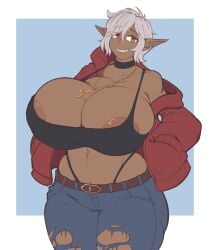 1girls areola_slip areolae breasts breasts_bigger_than_head choker cleavage colette_belrose dark-skinned_female dark_skin elezen elf elf_ears female final_fantasy_xiv hoodie hourglass_figure huge_breasts jeans kittenboogers necklace pointy_ears red_eyes smile smiling tank_top thin_waist whale_tail_(clothing) white_hair wide_hips