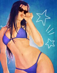 arcane arcane_caitlyn artist:visualeffex big_breasts bikini bikini_bottom bikini_top blue_hair caitlyn_(league_of_legends) caitlyn_kiramman cleavage dark_blue_hair finger_in_mouth hourglass_figure large_breasts league_of_legends lesbian lips stars summer sunglasses thumb_in_mouth underboob
