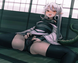 blush censored female female impossible_clothes mosaic_censoring noconol open_mouth pointy_ears pussy solo spread_legs spread_pussy tail thighhighs