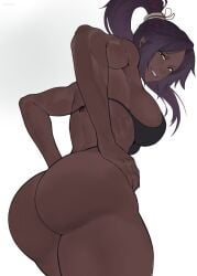 1girls ass ass_focus athletic athletic_female big_ass bikini black_bikini bleach dark-skinned_female dark_skin female female_focus female_only hands_on_hips long_hair looking_at_viewer looking_back mendo0821 muscular muscular_female no_shading ponytail purple_hair shihouin_yoruichi shonen_jump smile smiling smiling_at_viewer tagme thick_thighs thighs white_background yellow_eyes