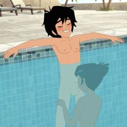 1boy 1girls accurate_art_style big_hero_6 big_hero_6:_the_series black_hair brown_hair closed_eyes dark_skin disney fellatio female hiro_hamada human male marvel marvel_comics megan_cruz mehefin013 nude nude_female nudist oral oral_sex penis pool self_upload short_hair underwater_blowjob