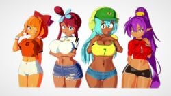 3d 4girls big_boobs big_breasts boobs breasts brown_body cleavage dark-skinned_female dark_skin dolly_dimpley female hat headphones huge_boobs huge_breasts jean_shorts koikatsu large_boobs large_breasts mymy_schoppenboer navel ongezellig papaoso pokemon purple_hair shantae shantae_(character) skyla_(pokemon) smiling_friends tagme