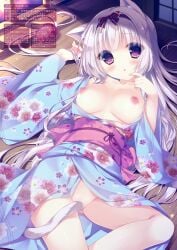 1girls animal_ears breasts breasts_out cat_ears cat_girl cat_tail catgirl exposed_breasts highres japanese_clothes kimono large_breasts nekomimi nipples no_bra nopan open_kimono open_shirt tail yukata yukie