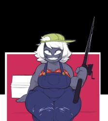 1girls 2017 2d_(artwork) anthro box bra breasts fishing_rod hat headwear humanoid looking_at_viewer mangneto original_character overalls ripped_clothing shark_humanoid smiling_at_viewer sweating white-haired_female