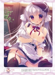 1girls beret breast_hold breasts cream exposed_breasts garter_belt hat highres large_breasts long_hair maid maid_bikini maid_outfit maid_uniform nipples no_bra one_breast_out open_shirt panties panties_down pantsu panty_pull silver_hair stockings thighhighs tied_hair twintails white_hair yukie