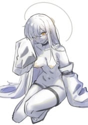 blue_archive blush looking_at_viewer makurino malkuth_(blue_archive) small_breasts unusual_pupils white_background white_body white_skin x_pupils yellow_eyes