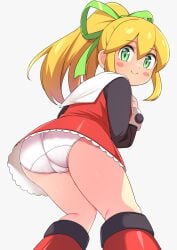 1girl ass bib_collar black_shirt blonde_hair boots closed_mouth commentary_request dress green_eyes green_ribbon grey_background hair_ribbon hekomii highres knee_boots kneepits long_hair long_sleeves looking_at_viewer looking_back mega_man mega_man_(classic) paid_reward_available panties ponytail red_boots red_dress ribbon roll shirt simple_background sleeveless sleeveless_dress smile solo underwear white_panties