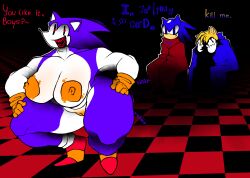 ass_visible_through_thighs big_ass big_breasts big_nipples buff_female checkered_floor clapping_cheeks curvy dark_background female gloves looking_back luther_(needlemouse) male meme needlemouse_(character) needlemouse_(series) orange_areola orange_pussy purple_fur quills riudianami self_upload sonic.exe_(series) squatting watching_from_afar white_skin