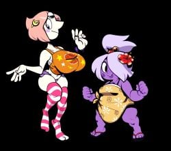 2017 2d_(artwork) 2girls amethyst_(steven_universe) beige_hair big_breasts bracelet denim_shorts duo footwear gem_(species) gem_on_chest gem_on_forehead humanoid mangneto pearl_(steven_universe) purple-haired_female sandals shorts smiling socks steven_universe sundress thighhighs tied_hair topwear wristwear