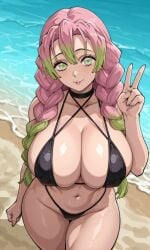 1girls ai_generated beach big_boobs big_breasts bikini braid braided_hair curvy curvy_body curvy_female curvy_figure demon_slayer green_eyes green_hair huge_breasts kanroji_mitsuri kimetsu_no_yaiba kyoru189 large_breasts light-skinned_female light_skin looking_at_viewer mature_female milf peace_sign pink_hair shiny shiny_skin solo solo_female