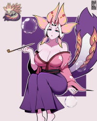 1girls blue_eyes bubble cleavage eyeliner gijinka horns kimono mizutsune monster_girl monster_hunter monster_hunter_wilds pink_skin pipe salto_man tail