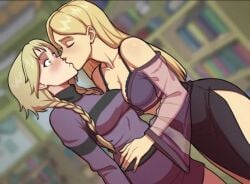 2026 2d 2girls best_friends black_bra blurry_background bra braid breast_on_breasts cleavage cornelia_hale disney elyon_brown fanon_couple female female/female female_only female_protagonist friends friends_with_benefits game_cg kiss lesbian lesbian_kiss library light_skin long_hair long_sleeves pale_skin pencil_skirt purple_clothing skirt slit slit_skirt somka108 surprise_kiss surprised surprised_expression surprised_face transparent transparent_clothing w.i.t.c.h. western_cartoon yuri