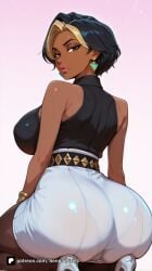 1girl ai_generated artist_name ass bare_shoulders belt black_hair blizzard_entertainment blonde_hair bracelet breasts brown_eyes dark-skinned_female dark_skin domina earrings from_behind high_heels jewelry large_breasts lips looking_at_viewer looking_back multicolored_hair overwatch overwatch_2 pants pantylines patreon senpai_pixels sensitive shirt short_hair sleeveless sleeveless_shirt solo thighhighs two-tone_hair