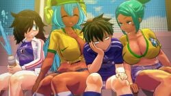 3d 3girls1boy bench big_boobs big_breasts boobs breasts brown_body cerebella cleavage dark-skinned_female dark_skin dolly_dimpley female hat headphones huge_boobs huge_breasts jealous jean_shorts koikatsu kuroki_tomoki kuroki_tomoko large_boobs large_breasts navel older_female_and_younger_male papaoso skullgirls smiling_friends soccer_uniform tagme watashi_ga_motenai_no_wa_dou_kangaetemo_omaera_ga_warui!