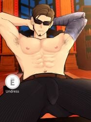 1boy armpit_hair arms_behind_head arms_up bulge chair gay gay_male jailbreak jailbreak_(roblox) male_only nexophyte nipples prosthetic prosthetic_arm roblox roblox_game serious shirtless shirtless_male sitting solo solo_male vvenusus yaoi