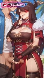 1girl 2026 ai_generated artist_name beidou_(genshin_impact) boobs breasts bulge bust chest cock dick erection genshin_impact hair_over_one_eye hi_res high_quality highres patreon patreon_username penis pinkname sweat tits watermark