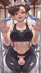 1boy 1girl against_glass ai_generated blush breast_press breasts brown_eyes brown_hair chun-li covered_nipples decurse double_bun earrings fake_animal_ears flaccid foreskin futa_with_male hair_bun hair_ribbon heart heart-shaped_pupils hetero jewelry large_testicles looking_at_viewer medium_breasts muscular navel nipples open_mouth pants penis precum ribbon sex solo_focus street_fighter sweat symbol-shaped_pupils testicles thick_thighs torn_clothes torn_pants uncensored yellow_ribbon