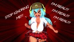 3d big_boobs big_breasts boobs breasts brown_body cleavage dark-skinned_female dark_skin dialogue dolly_dimpley female hat headphones huge_boobs huge_breasts jean_shorts koikatsu large_boobs large_breasts navel panties papaoso school_uniform shirt_knot skirt skirt_lift smiling_friends tagme tattoo text the_cool_autistic_gamer_774