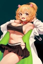 1girl 1girls absurdres animal_ears black_bra black_scrunchie black_skirt blush bra breasts cleavage coat collar eimi_isami embarrassed female green_background hair_between_eyes hair_ornament hair_scrunchie hairclip hamster_ears hamster_girl highres navel open_mouth orange_hair phase_connect pink_eyes ponytail red_collar scrunchie short_hair skirt solo sussynano sweat thighs tits tummy underboob underwear virtual_youtuber vtuber wet white_coat x_hair_ornament