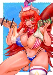1girl american_flag american_flag_bikini american_flag_print bikini breasts bukkake cleavage commentary condom condom_on_penis cum dragon_girl dragon_horns dragon_tail english_commentary flag_print flag_print_bikini fourth_of_july highres horn_piercing horns hypnosis large_breasts mind_control multiple_boys penis print_bikini ryufboi socks_agency sweat swimsuit tail virtual_youtuber zentreya zentreya_(dragon) zentreya_(dragon)_(cowboy_bikini)
