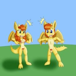 2019 anthro areola balls blue_eyes breasts brother brother_and_sister digital_media_(artwork) dragon duo fan_character female green_eyes hair hi_res horn humanoid_penis kendratheshinyeevee looking_down male nipples nude open_mouth penis pubes pussy red_hair rocky_(kendratheshinyeevee) scales scalie shocked sibling sierra_(kendratheshinyeevee) simple_background sister small_breasts standing surprise teeth twins wings yellow_scales