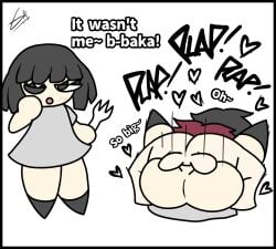 1boy1girl 2026 2d black_hair flat_chest flat_colors fork ghyrer grey_dress hearts ibispaintx impregnation low_effort mating_press no_context oc text unseen_male_face