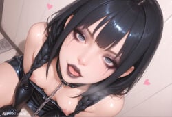 1girls absurd_res ai_generated artist_name artist_upload bare_shoulders black_collar black_dress black_gloves black_hair black_lips braid breasts chain chain_leash collar downblouse dress elbow_gloves eyeliner eyeshadow gloves grey_eyes heart hi_res indoors leash lips lipstick long_hair looking_at_viewer makeup mascara more_at_source nipples open_mouth pandora patreon patreon_username runny_makeup self_upload small_breasts solo tongue tongue_out twin_braids uncensored watermark