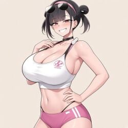 1girl :d armpit_crease bare_arms bare_shoulders black_choker black_hair blunt_bangs blush breasts brown_background buruma choker cleavage collarbone commentary_request cowboy_shot earrings eyewear_on_head goddess_of_victory:_nikke grin hair_rings hairband hand_on_own_hip hand_up huge_breasts jewelry korean_commentary looking_at_viewer mole mole_under_eye navel official_alternate_costume open_mouth panty_straps pink-framed_eyewear pink_buruma pink_eyes pink_hairband short_hair short_twintails simple_background smile solo sora_(nikke) sora_(spring_flight)_(nikke) sports_bra standing stomach sunglasses twintails white_sports_bra